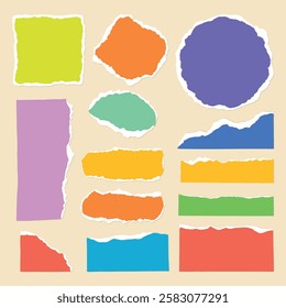 Colorful torn paper pieces in various shapes and sizes. Bright paper textures, torn edges, and vibrant colors create a playful, artistic collage effect. Colorful element vector set.