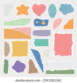 Colorful torn paper pieces with various shapes like stars, hearts, and clouds. Patterns include polka dots, stripes, and grids. Perfect for scrapbooking or crafts. Colorful patterned element vectors.