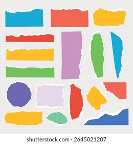 Colorful torn paper pieces in various shapes and sizes on a grid background. Torn paper edges create a collage effect. Bright paper colors include red, blue, and green. Colorful element vector set.