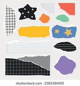 Colorful torn paper scraps with patterns like stars, grids, and dots. Various shapes and colors. Perfect for creative projects and collage designs. Colorful patterned element vector set.