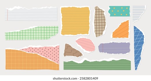 Colorful torn paper scraps in various patterns and textures. Includes lined, polka dot, grid, and striped designs. Perfect for creative collage projects. Colorful patterned element vector set.