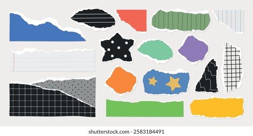 Colorful torn paper scraps in various shapes and patterns. Torn paper includes stars, stripes, and polka dots. Torn paper collage with vibrant colors. Colorful patterned element vector set.