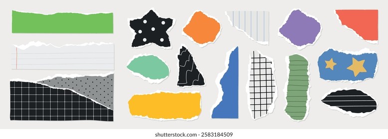 Colorful torn paper scraps in various shapes and patterns, including stripes, polka dots, and stars. Vibrant paper pieces create a playful, artistic collage. Colorful patterned element vector set.