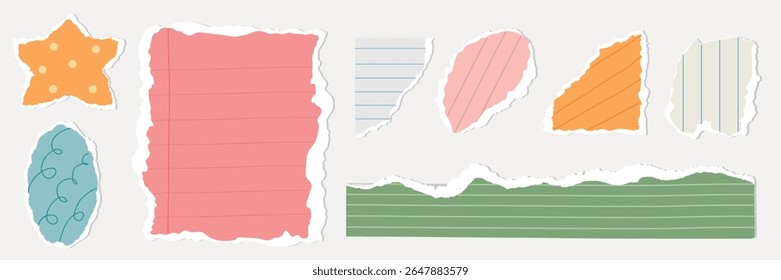 Colorful torn paper scraps in various shapes and colors. Torn paper with lined and plain designs. Decorative paper scraps for creative projects. Ripped paper element vector set.