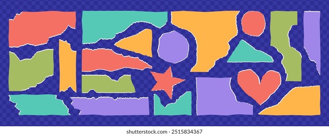 Colorful torn paper set. Pieces of crumpled note sheet with jagged edges. Grunge rectangle or circle frames, header shapes with wavy borders. Geometric simple form silhouettes of old tear page strips