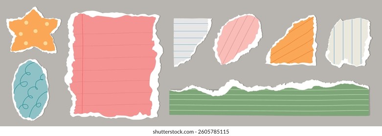 Colorful torn paper shapes including star, oval, and rectangles. Torn paper with lines and patterns. Torn edges and vibrant colors in various shapes. Ripped paper element vector set.