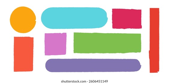 Colorful torn paper shapes with rough edges. Abstract hand-cut rectangles and circles with a textured look. Vibrant ripped paper elements for modern design, scrapbooking, posters, and social media.