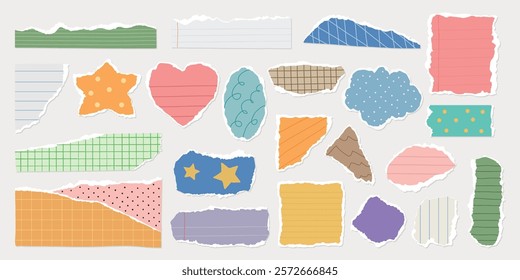 Colorful torn paper shapes in various designs, including stars, hearts, and clouds. Vibrant torn paper pieces with diverse patterns and colors. Torn paper collage. Colorful patterned element vectors.