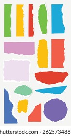 Colorful torn paper shapes in various sizes and colors, including red, green, yellow, and purple. Torn paper edges create a textured, artistic look. Colorful element vector set.
