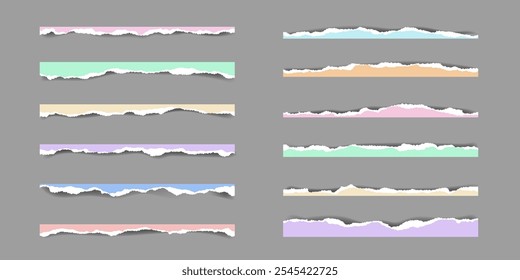 Colorful torn paper stripes Set. Realistic cute Fragments for kids design. Template for banner, Collage, social media, layered backgrounds, education notes, scrapbook, poster