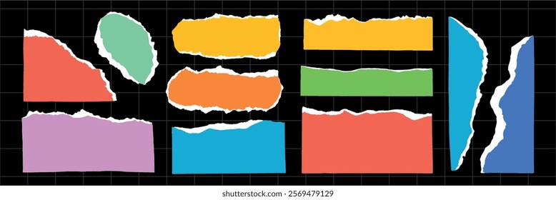 Colorful torn paper strips on a black grid background. Torn paper in various shapes and colors. Bright torn paper design elements. Torn paper texture. Colorful element vector set.