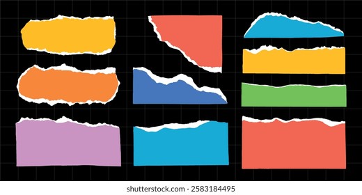 Colorful torn paper strips on a black grid background. Torn paper edges in vibrant colors. Torn paper pieces create a collage effect with colorful paper strips. Colorful element vector set.