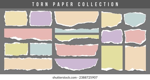 Colorful torn or ripped notebook paper strip collection. Realistic tear page, office note scrap or newspaper clip art. Text message label, torn paper texture and decoration ornament for social media.