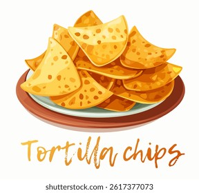 Colorful tortilla chips displayed on a round plate provide an appetizing visual delight. The cartoon vector style adds charm and energy, perfect for food-related designs