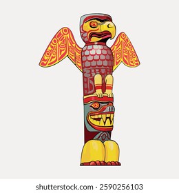 Colorful totem pole with intricate designs, featuring a bird and a face. Traditional totem art, vibrant colors, and cultural symbolism. Totem pole illustration. Vintage art illustration, vector.