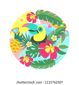 Colorful Toucan among tropical leaves, coconut cocktail, flowers, pineapples. Bright summer illustration in the form of a circle.