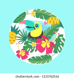 Colorful Toucan among tropical leaves, coconut cocktail, flowers, pineapples. Bright summer illustration in the form of a circle.