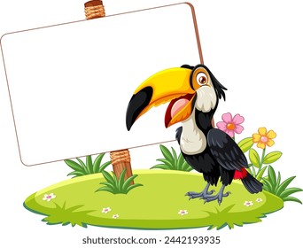 Colorful toucan beside a blank sign in nature.