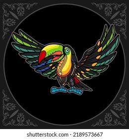 Colorful Toucan bird zentangle arts isolated on black background