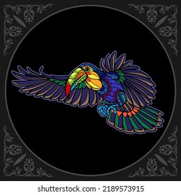 Colorful Toucan bird zentangle arts isolated on black background