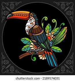 Colorful Toucan bird zentangle arts isolated on black background