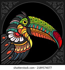 Colorful Toucan bird zentangle arts isolated on black background