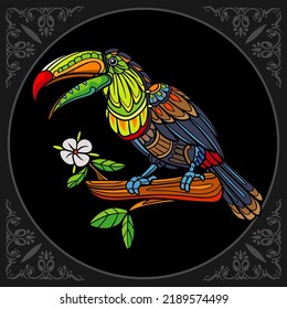 Colorful Toucan bird zentangle arts isolated on black background