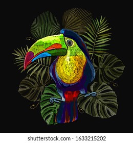 Colorful toucan. Embroidery. Tropical bird. Ramphastos sulfuratus. Fashionable template for design of clothes, textiles. Jungle paradise art 