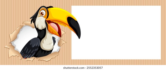 Toucan colorido emergindo da moldura de papel rasgado