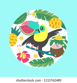 Colorful Toucan holds a piece of watermelon in its beak. Around him tropical leaves, coconut cocktail, flowers, pineapples. Bright summer illustration in the form of a circle.