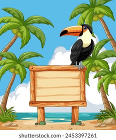 Colorful toucan perched on a blank wooden sign.