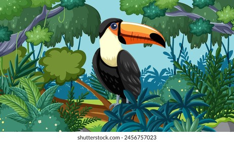 Colorful toucan perched in a vibrant jungle scene