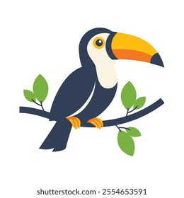 A colorful toucan sits on a branch with green leaves. Tropical bird illustration