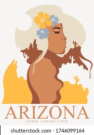 Colorful touristic poster with a beautiful girl as a symbol of Arizona state. US state on a postcard