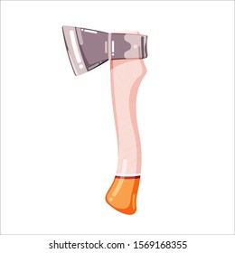 Colorful tourists axe with wooden handle. Camping gear. Travelers equipment design elements. Flat cartoon vector illustration for poster, web design, banner, icon, logo or badge.