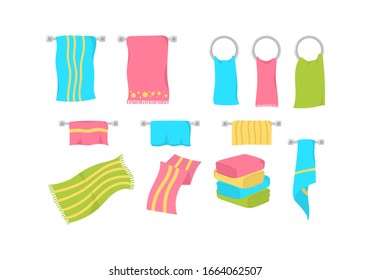 Colorful towels in cartoon style. Kitchen hand towels, textile fabrics for spa, beach, shower cloth rolls lying in a pile. Folded and hanging badges collection. Vector illustration, EPS 10. 