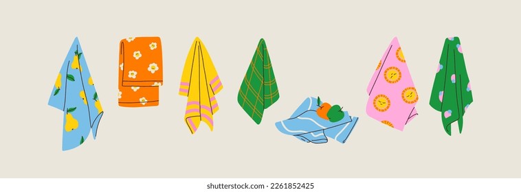 Colorful towels for hygiene. Fabric with various patterns: pear, chamomile, stripes, plaid, dots. Bathroom stuff vector illustration. Wash hands concept. Textile for kitchen decor. All items isolated