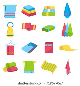 Colorful towels set in cartoon style, vector illustration. Folded and hanging icons collection. Isolated on white background