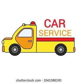 Colorful towing truck for transportation emergency cars. Illustration isolated on white background.