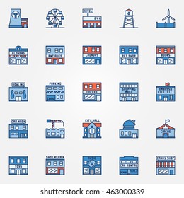 Colorful town building icons - vector set of flat urban buildings. Shops symbols or logo elements