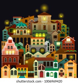 Colorful town buildings at night. Vector cityscape drawing on black background.