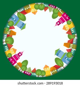 Colorful town circle composition. Fantastic city with colorful houses inside round frame. Long shadows with effect bright sun light. Abstract border. Copy space. Vector file is EPS10.