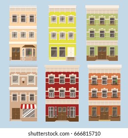 Colorful town facades buildings. Downtown city apartments. Modern vector illustration on flat style