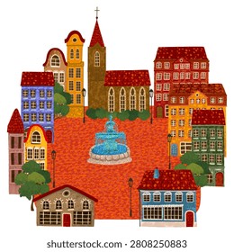 Colorful town square illustration featuring a decorative fountain, vibrant buildings, and a lively urban atmosphere