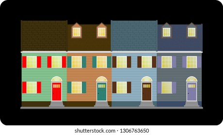 Colorful townhouse in colonial style.