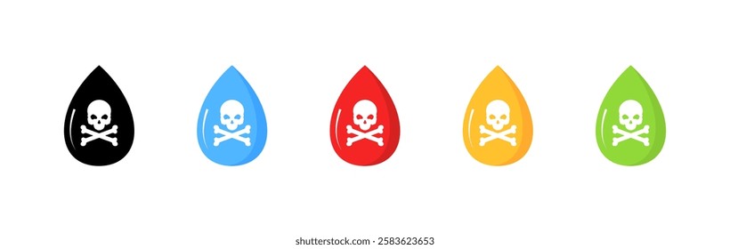 Colorful toxic drop icons with skull and crossbones on white background. Vector icon