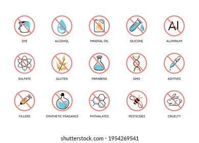 Colorful toxic free icon set. Cruelty free, free toxic: alcohol, mineral oil, silicone, aluminum, sulfates, parabens... Perfect for natural cosmetic products. Vector illustration.