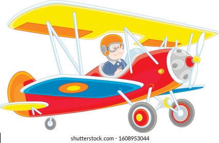 Colorful toy airplane piloting by a funny cartoon aviator, vector illustration on a white background