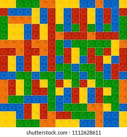 Colorful toy bricks background. Plastic construction blocks. Seamless vector pattern