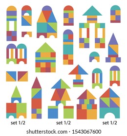 Colorful toy bricks, buildings set. Game for children. Castles, palaces, towers, arches, many forms, sizes. Vector kids plasti flat style collection isolated on white background.